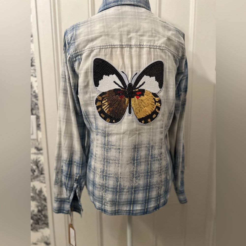 NWT womens Sissy Gypsy sequin butterfly cotton button front shirt Size Large
